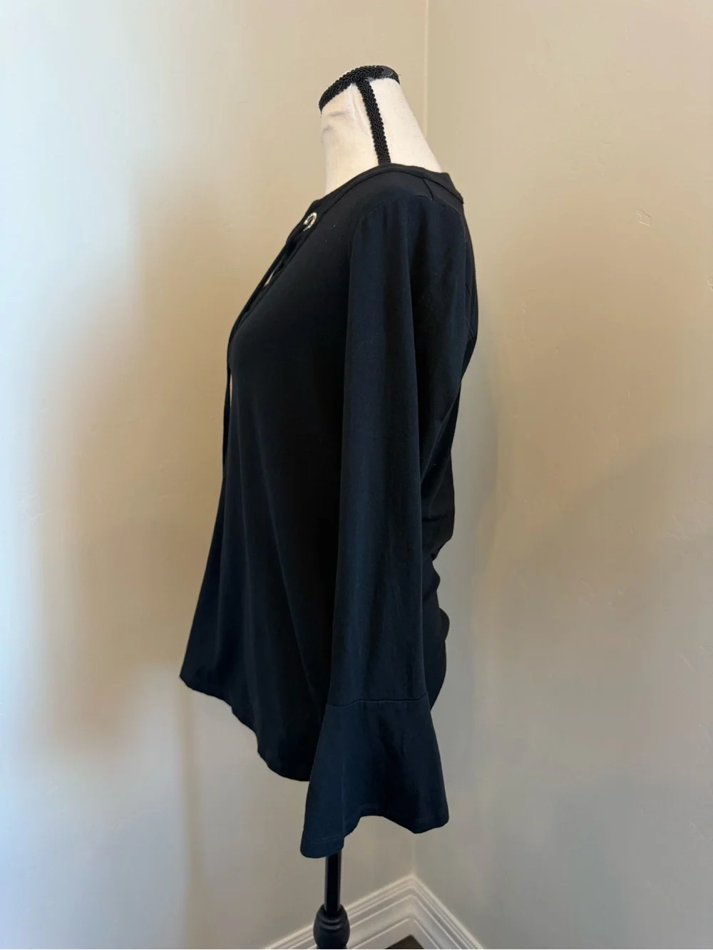 Michael Kors Black Lace Up Tunic Top Rhinestone Grommet Bell Sleeve S